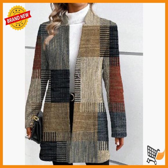 Long Sleeve Plaid Blazer Jacket Loose Fit Office Casual Outerwear - Picture 2 of 5